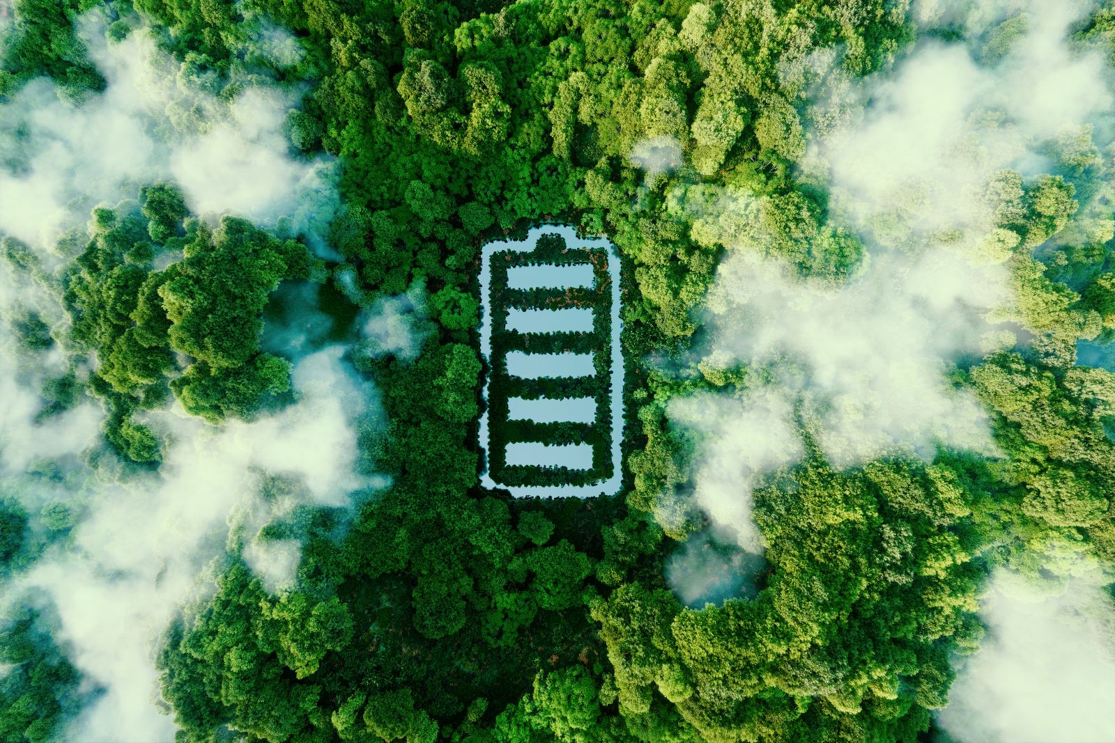 Concept depicting new possibilities for the development of ecological battery technologies and green energy storage in the form of a battery-shaped pond located in a lush forest.