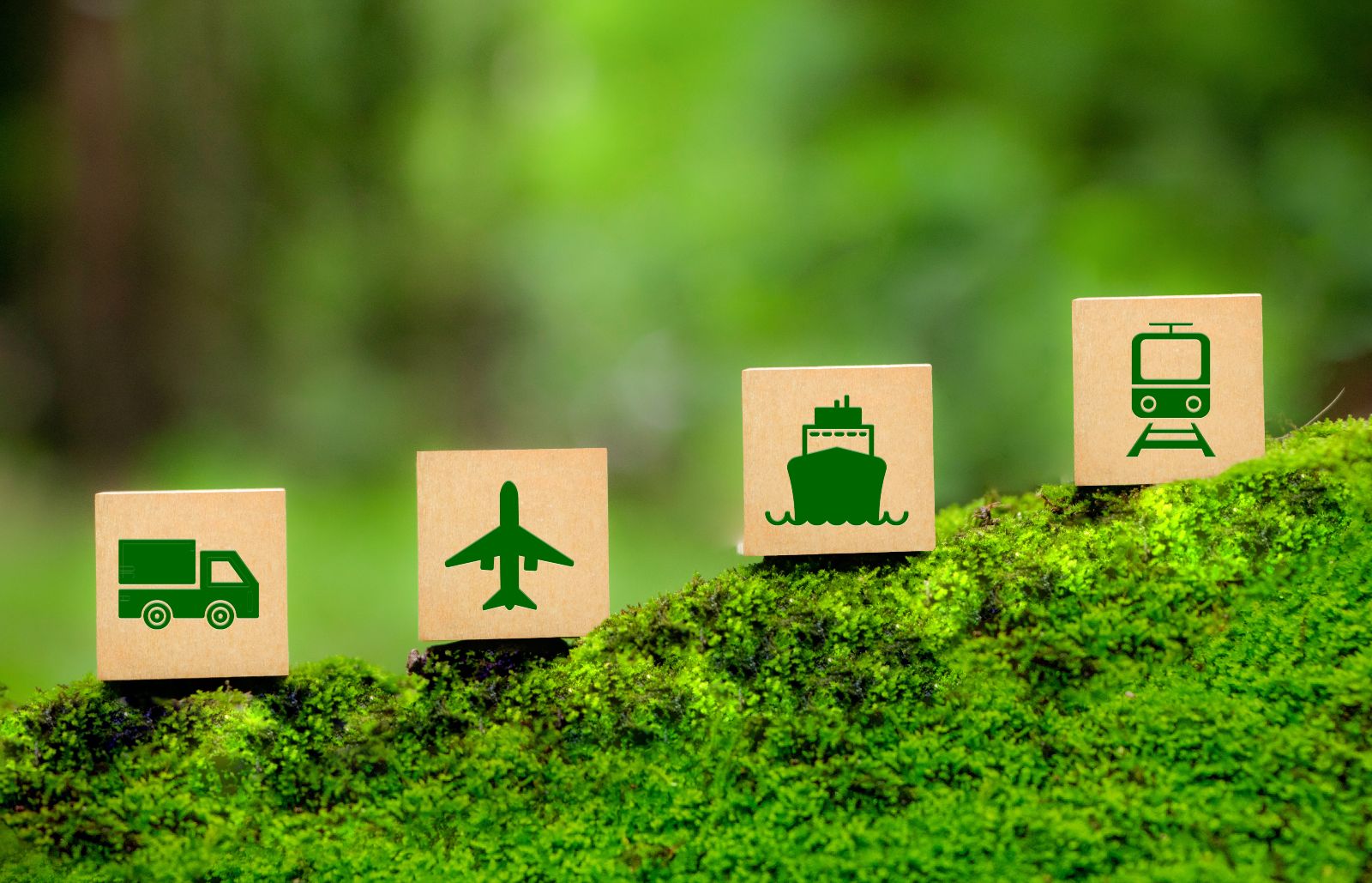 Green Logistics concept. Four wooden blocks, each with a green icon representing Green transportation- a truck, plane, ship, and train. eco-friendly transportation, sustainable logistics.ppt